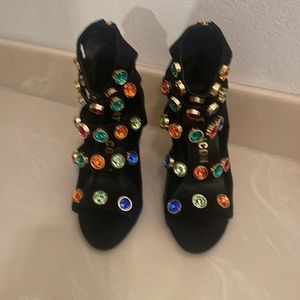 Beautiful gem stones velvet shoes/ chunky square heels worn one time!!